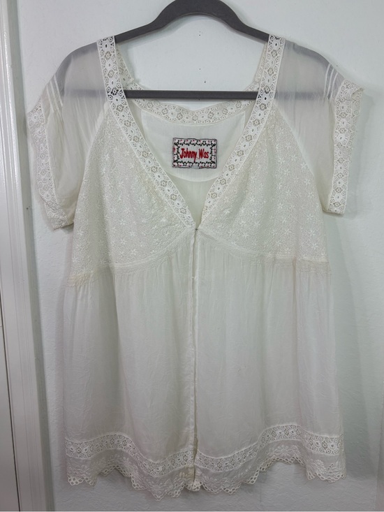 Johnny Was Tops - Johnny Was Ivory Embroidered Lace Boho Peasant Blouse Sheer Sleeve Medium